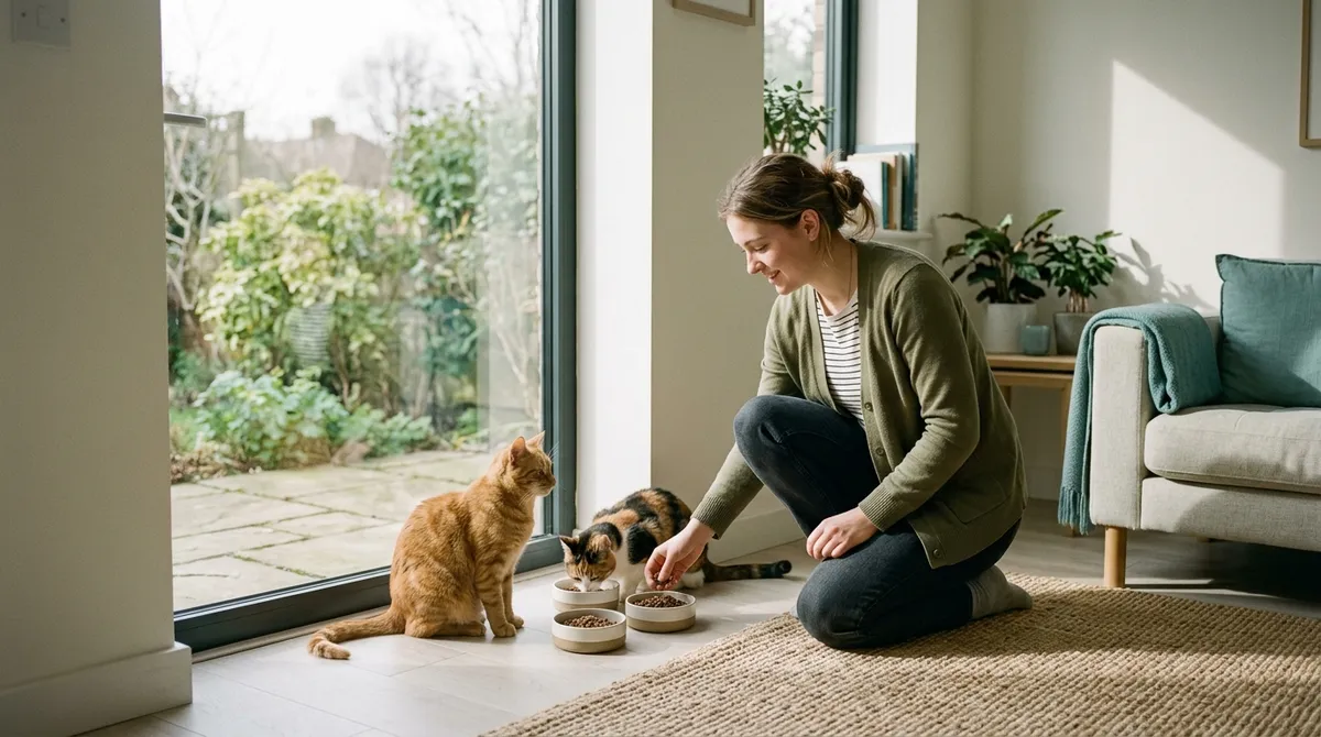 Pet-sitter nourrissant des chats lors d’une visite