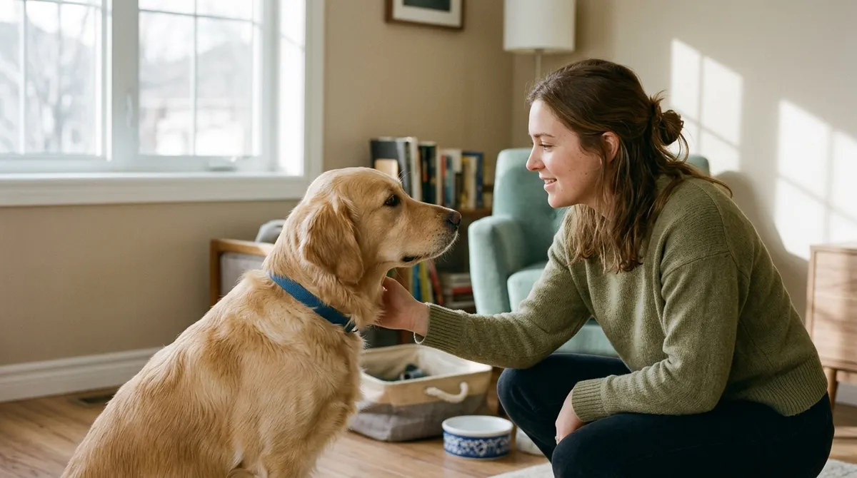 Pet-sitter gardant un chien au domicile du client
