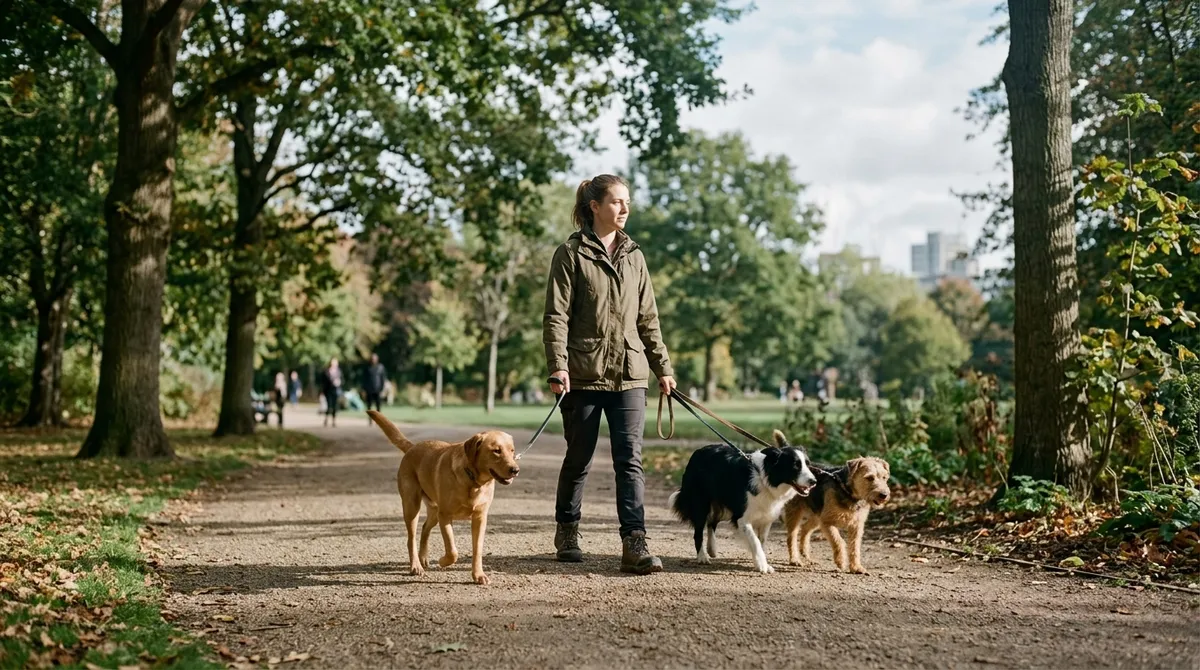 Dog-walker promenant plusieurs chiens en laisse